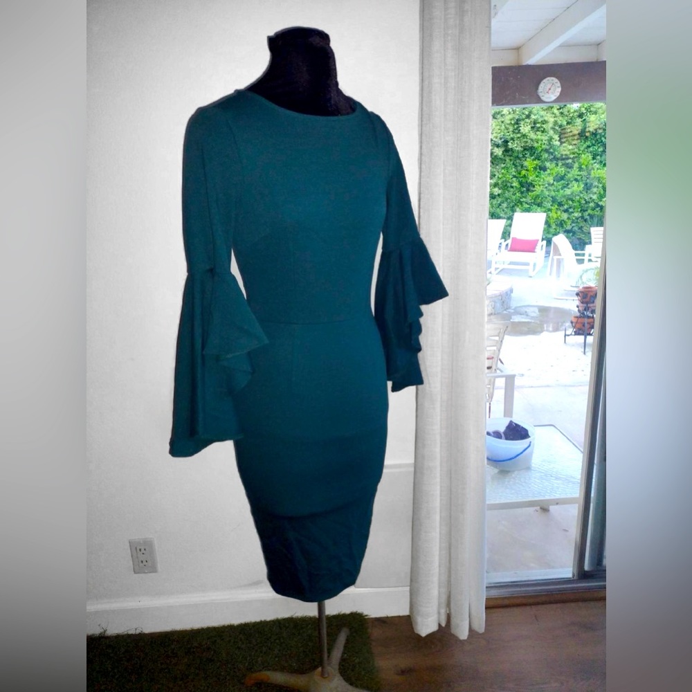 NWT Vfshow Bell Ruffle Sleeve Bodycon Midi Dress Dark Green Blue XS - Picture 6 of 11